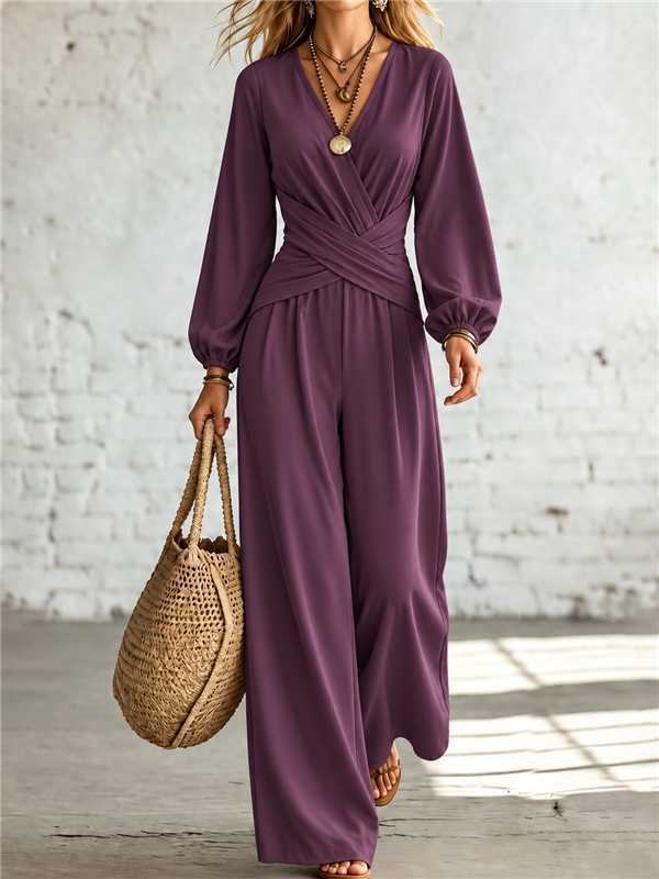V Neck Cross Wrap Lantern Long Sleeve Jumpsuit, Elegant High Waist Wide Leg Loose Romper
