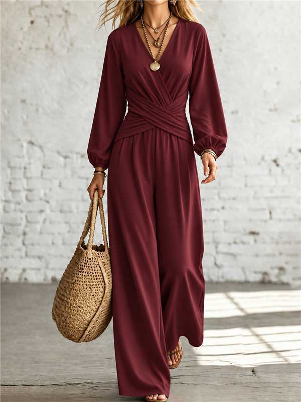 V Neck Cross Wrap Lantern Long Sleeve Jumpsuit, Elegant High Waist Wide Leg Loose Romper