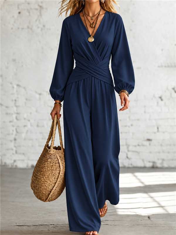 V Neck Cross Wrap Lantern Long Sleeve Jumpsuit, Elegant High Waist Wide Leg Loose Romper