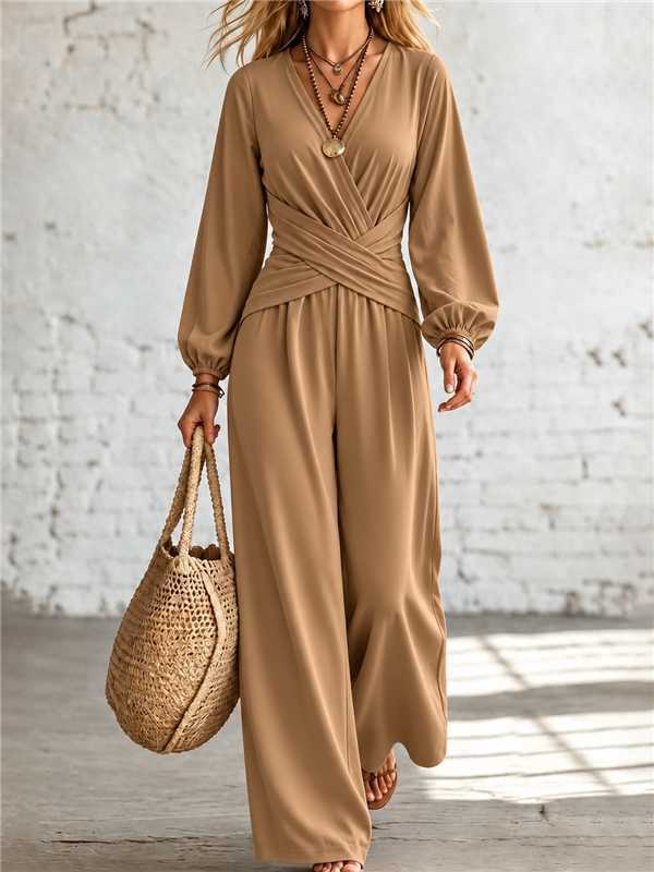 V Neck Cross Wrap Lantern Long Sleeve Jumpsuit, Elegant High Waist Wide Leg Loose Romper