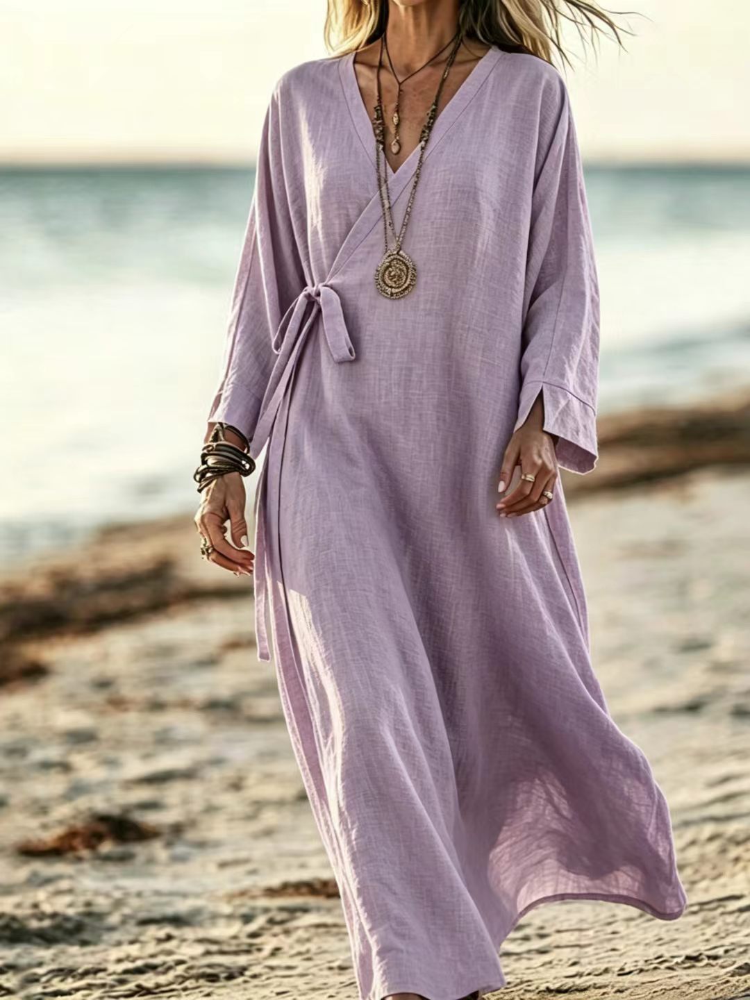 V-neck Crossover Strap Long-sleeve Resort Dress