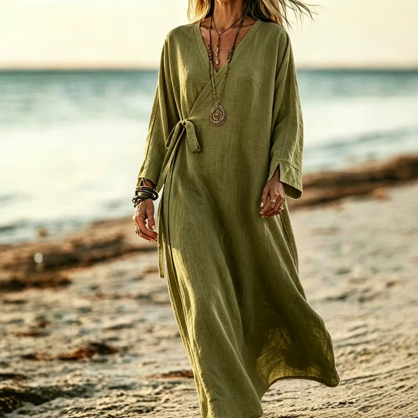 V-neck Crossover Strap Long-sleeve Resort Dress