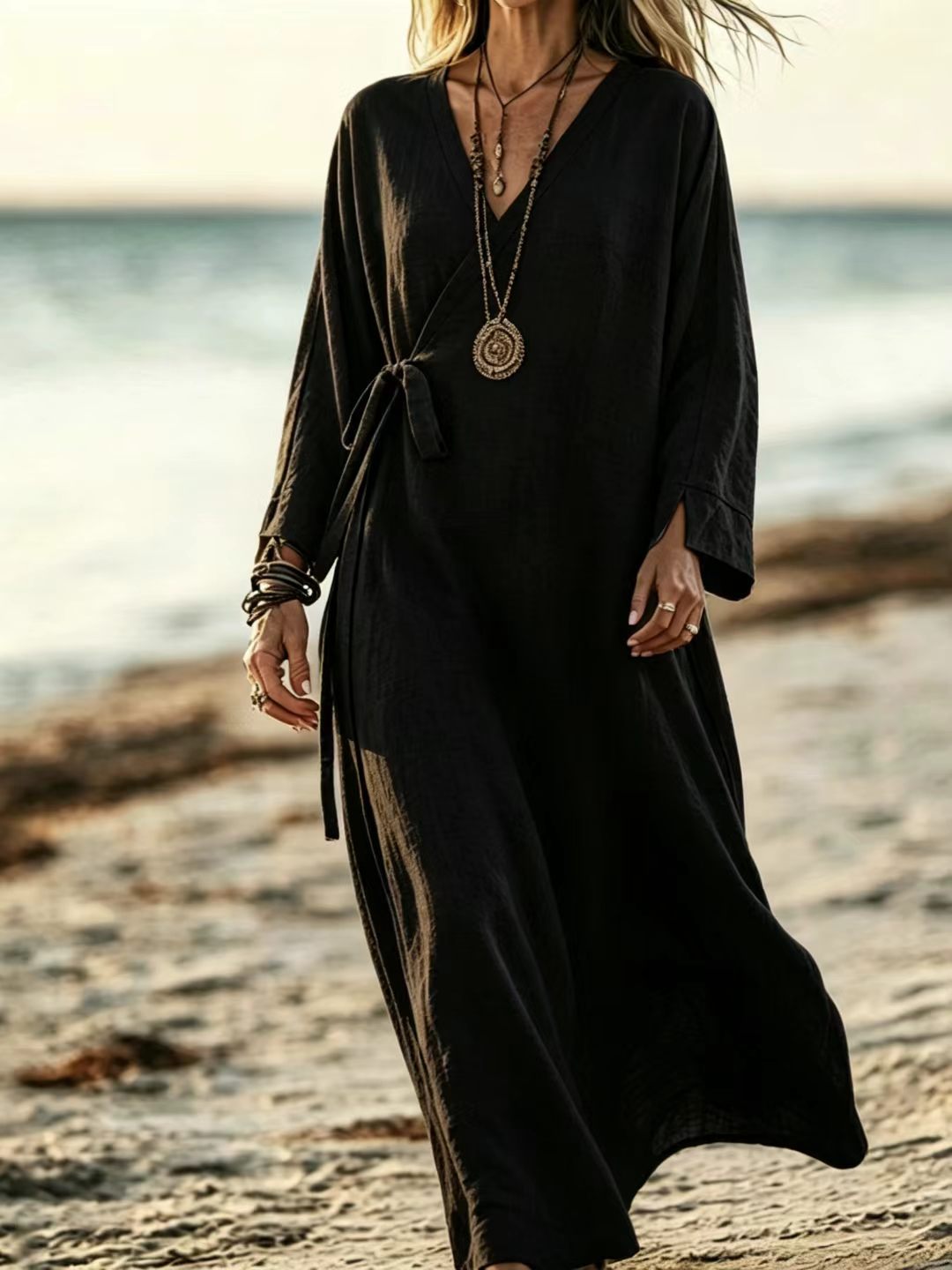 V-neck Crossover Strap Long-sleeve Resort Dress