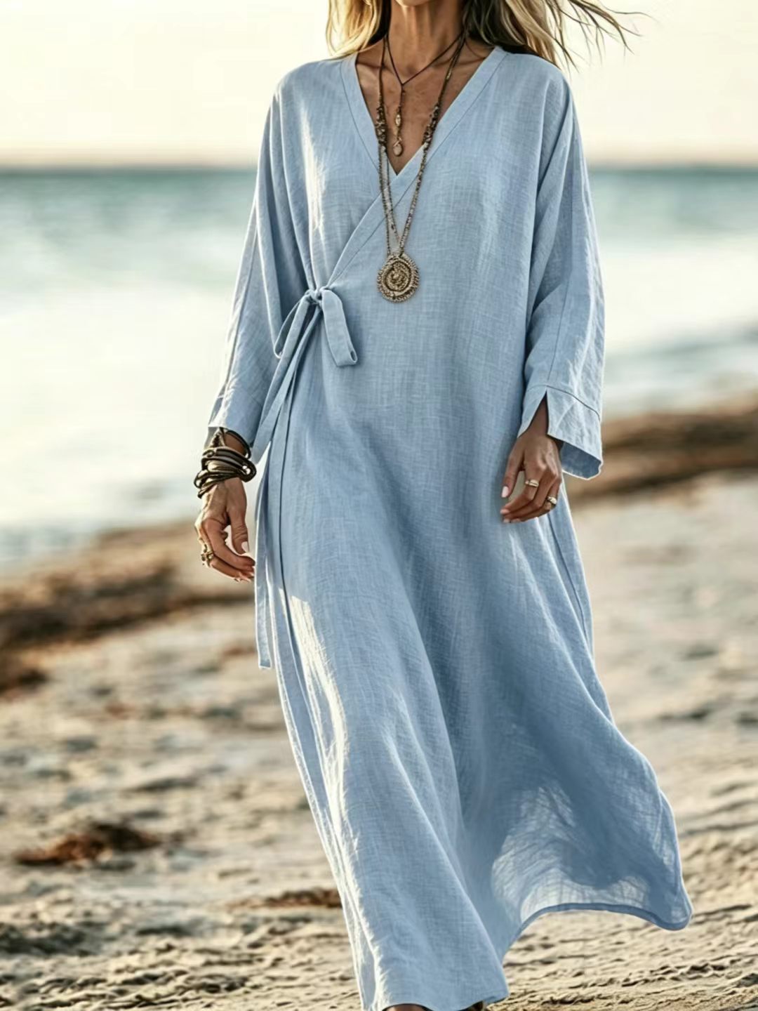 V-neck Crossover Strap Long-sleeve Resort Dress