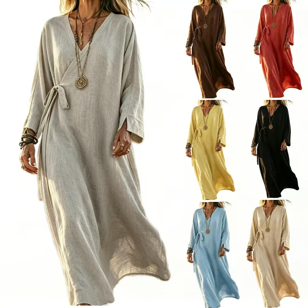V-neck Crossover Strap Long-sleeve Resort Dress