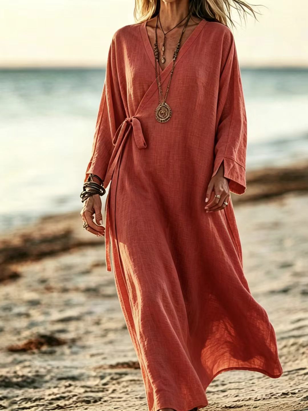 V-neck Crossover Strap Long-sleeve Resort Dress