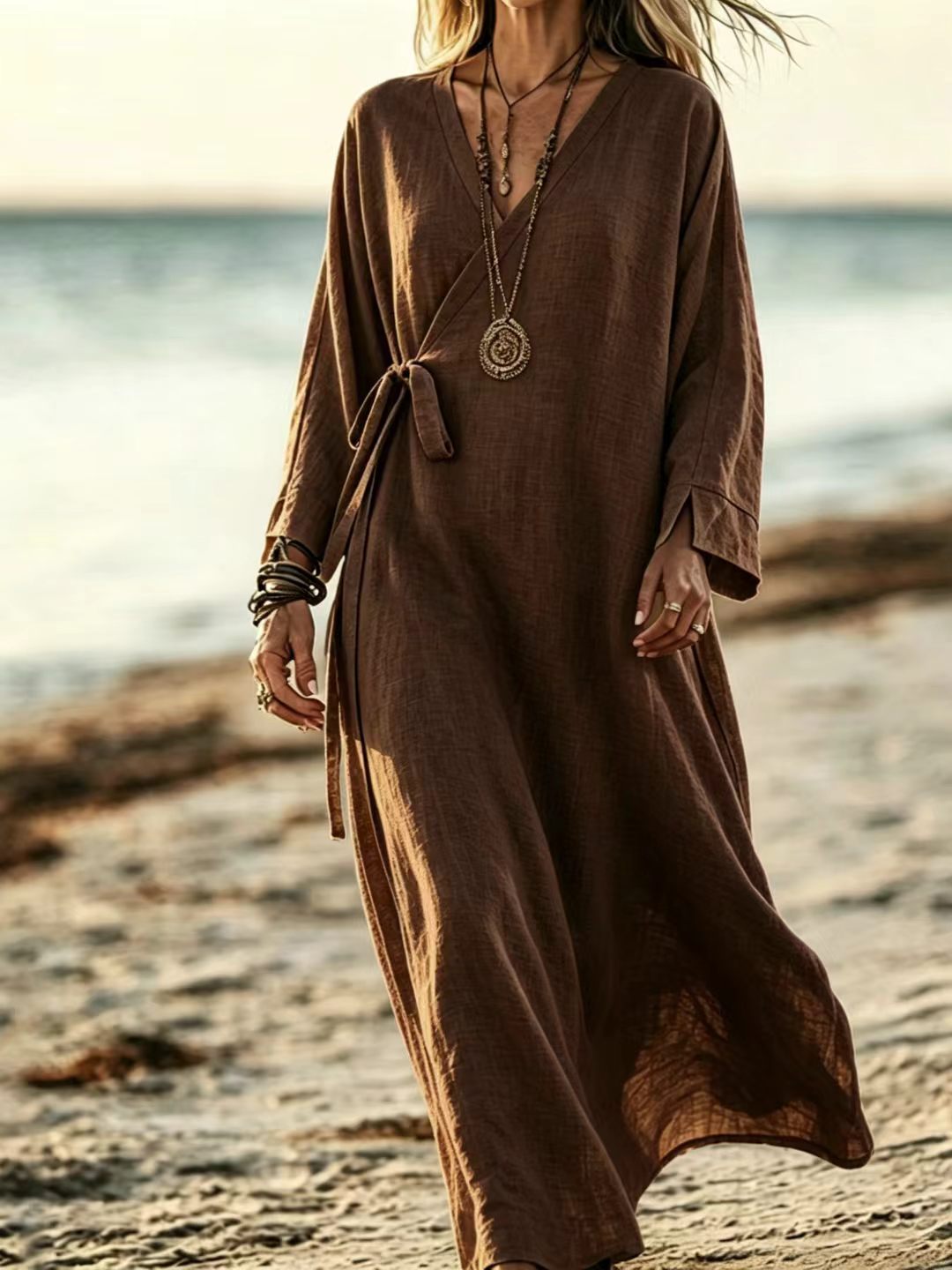 V-neck Crossover Strap Long-sleeve Resort Dress