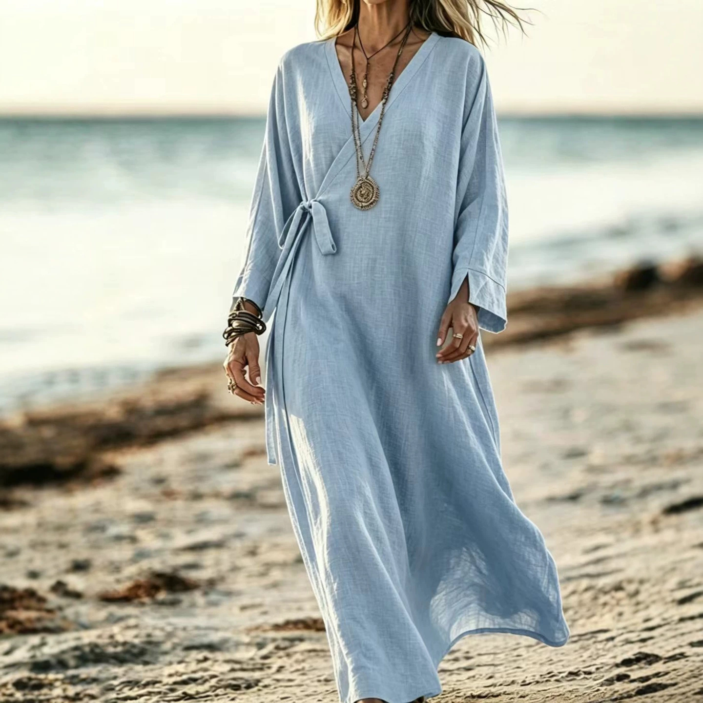 V-neck Crossover Strap Long-sleeve Resort Dress