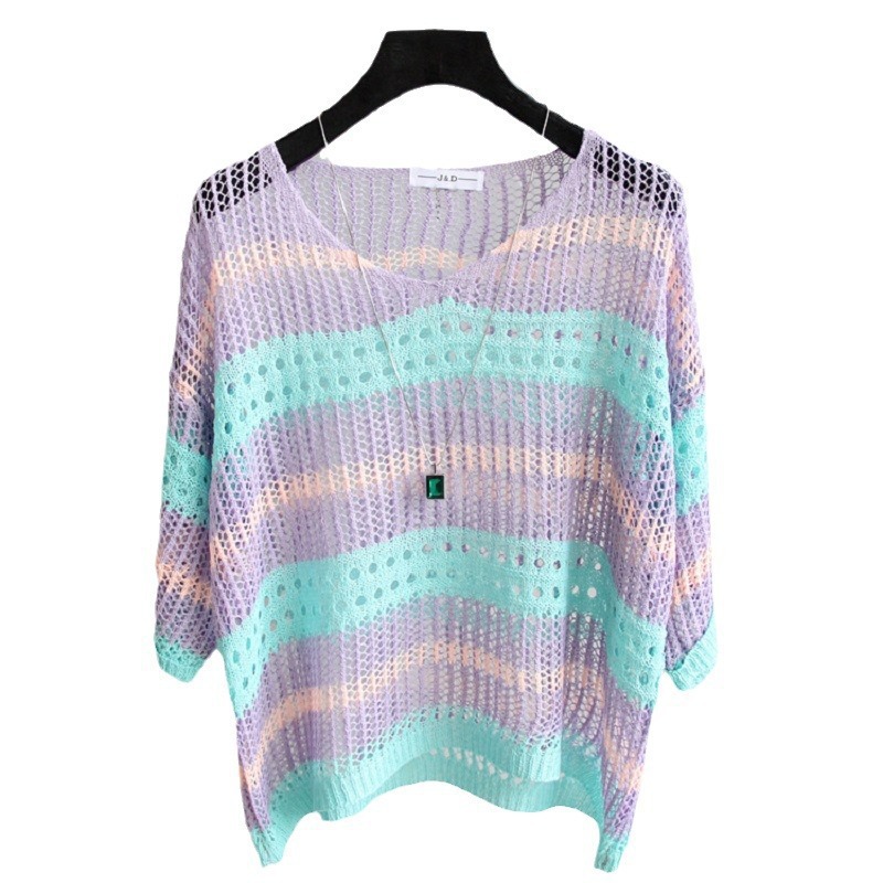 V-neck Hollow-Out Top Womens Summer Striped Short-Sleeve Fashionable Knit Sweater