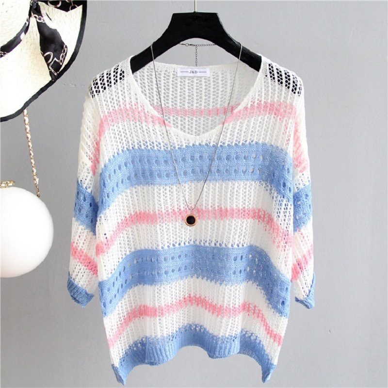 V-neck Hollow-Out Top Womens Summer Striped Short-Sleeve Fashionable Knit Sweater