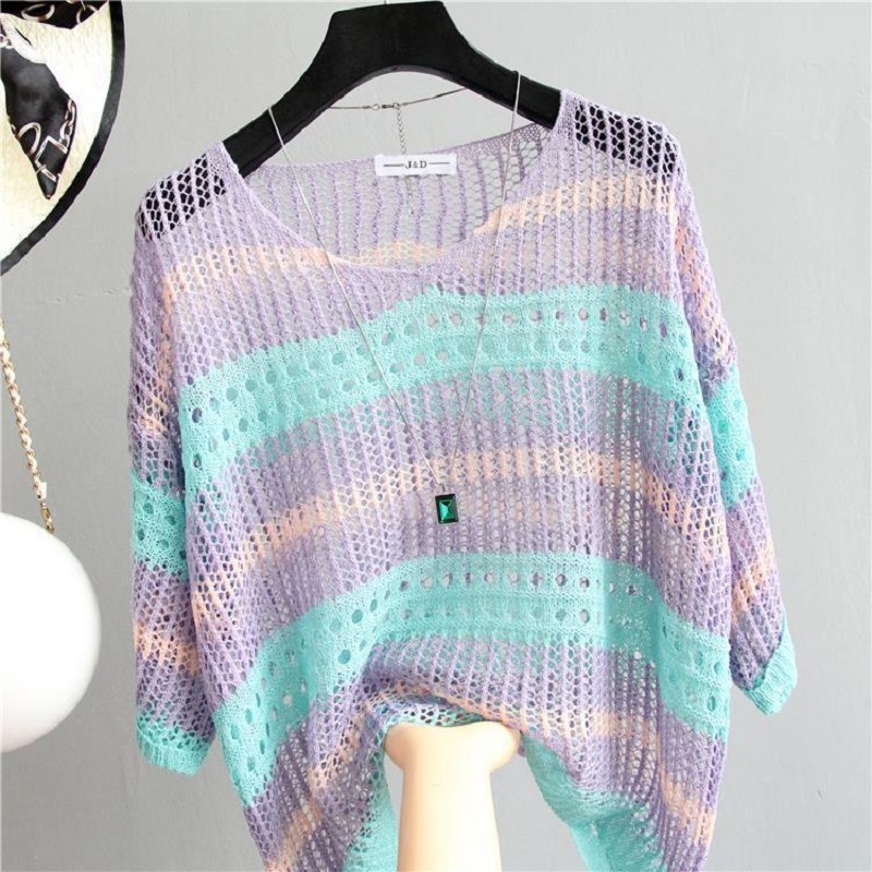 V-neck Hollow-Out Top Womens Summer Striped Short-Sleeve Fashionable Knit Sweater