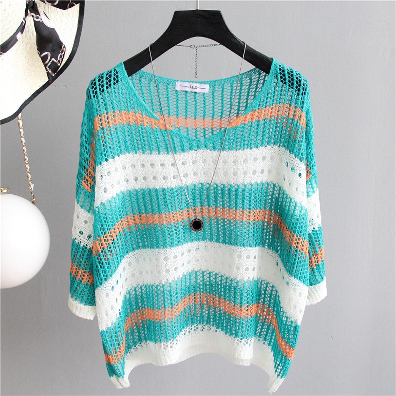 V-neck Hollow-Out Top Womens Summer Striped Short-Sleeve Fashionable Knit Sweater
