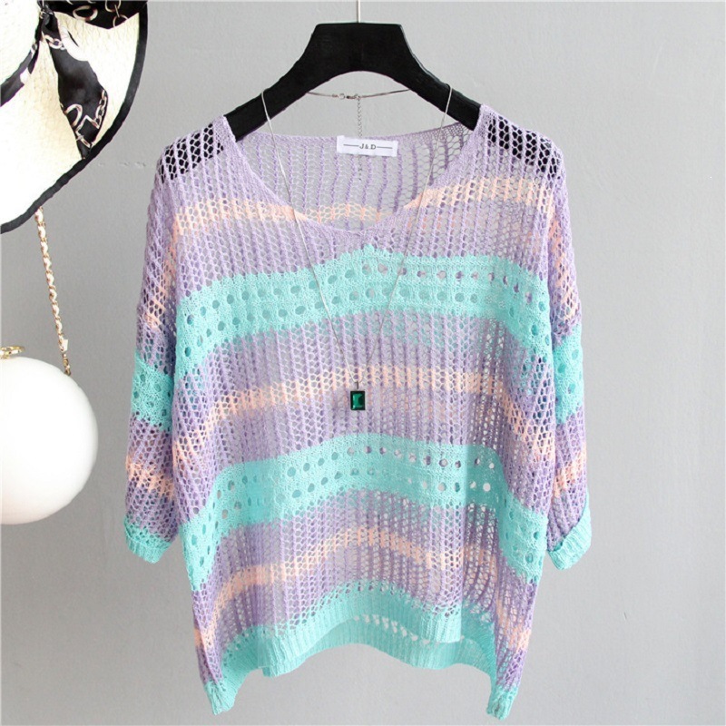 V-neck Hollow-Out Top Womens Summer Striped Short-Sleeve Fashionable Knit Sweater