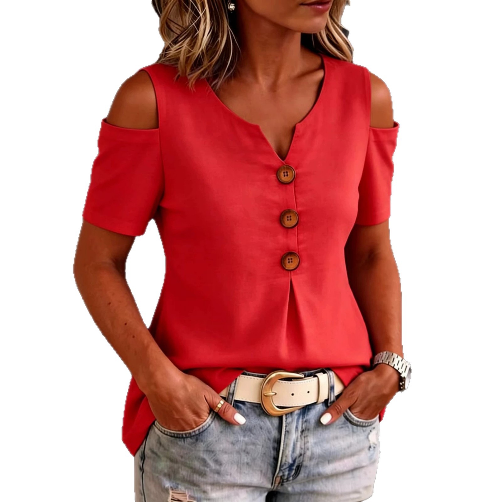 V-neck Off-shoulder T-shirt With Fashionable Buttons Short-sleeved Top