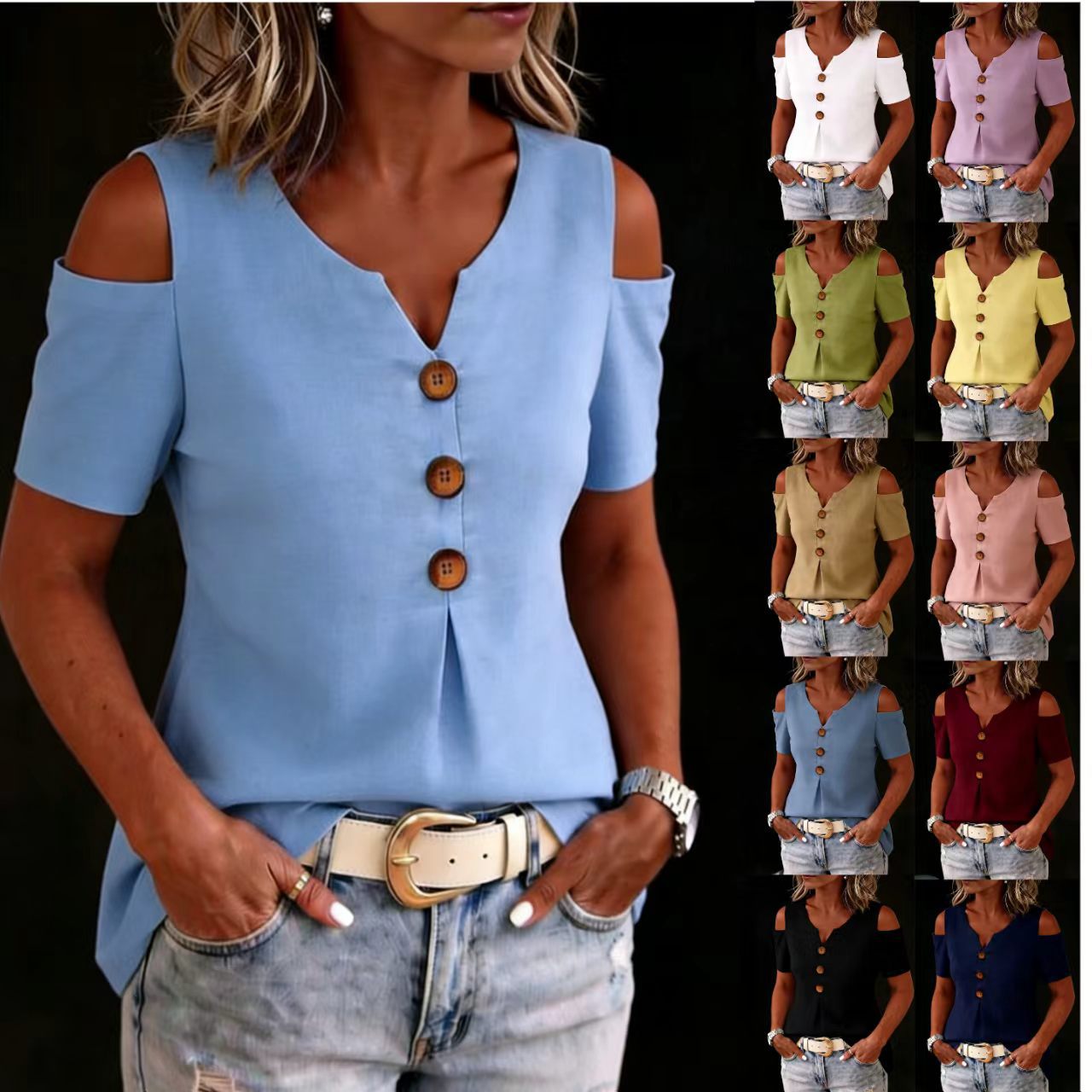 V-neck Off-shoulder T-shirt With Fashionable Buttons Short-sleeved Top