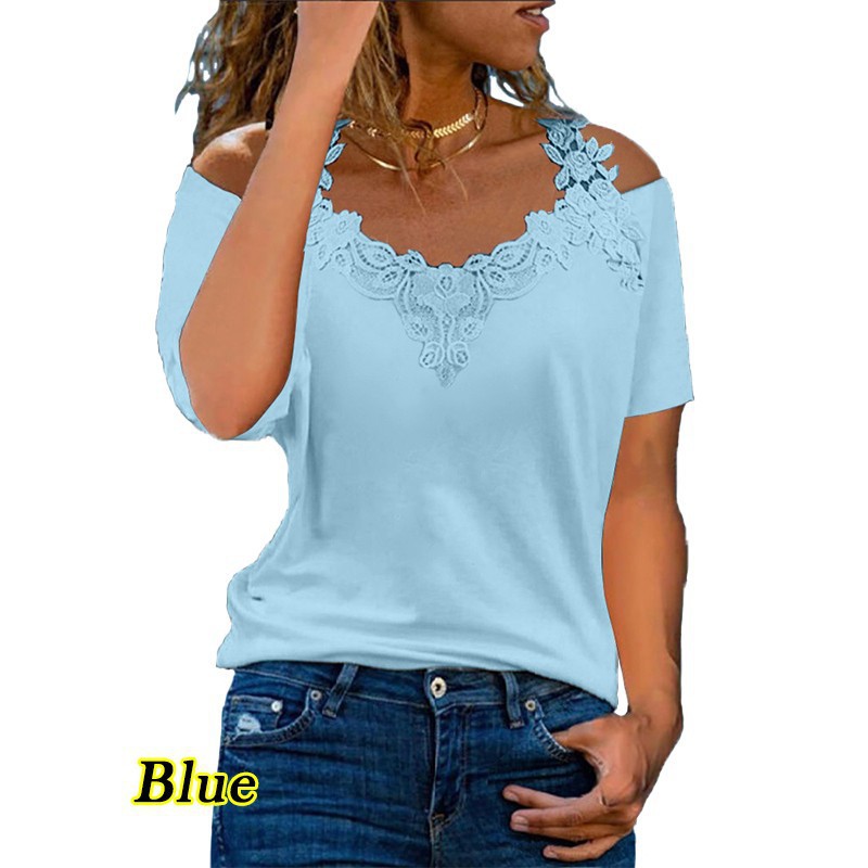 V-Neck Patchwork Short-Sleeved Lace Casual Loose T-Shirt