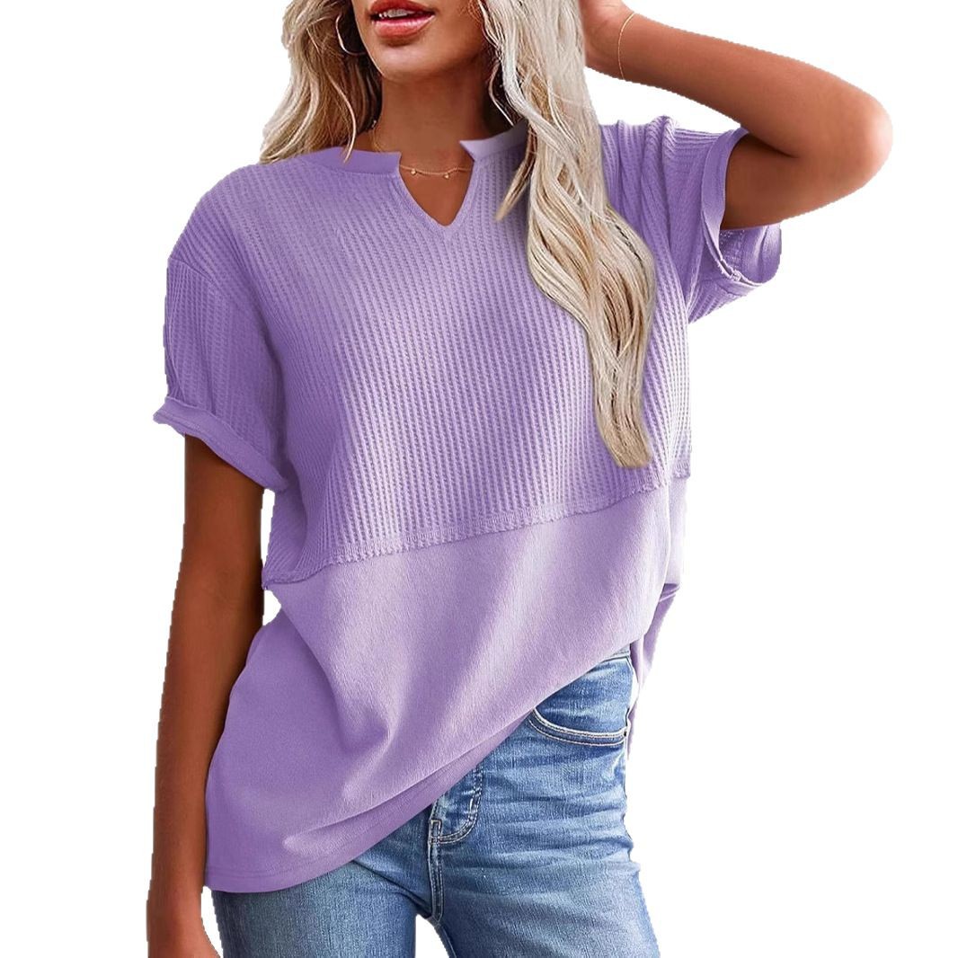 V-neck Pullover Fitted-waist Patchwork Blouse Regular-shoulder Womens T-shirt