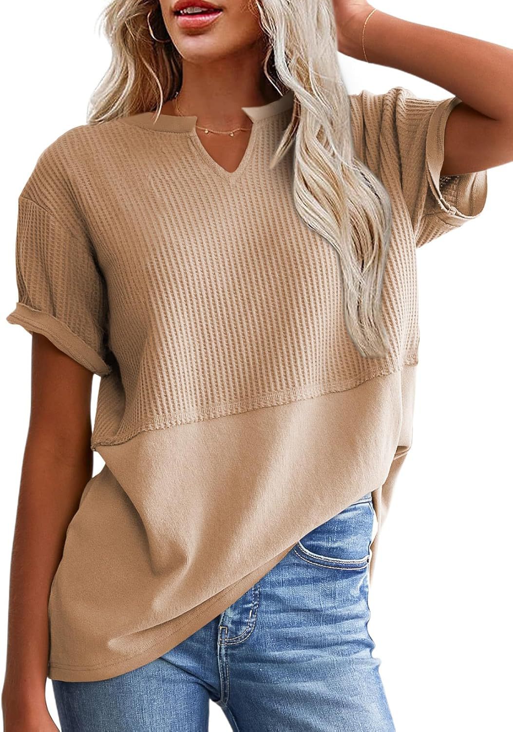 V-neck Pullover Fitted-waist Patchwork Blouse Regular-shoulder Womens T-shirt