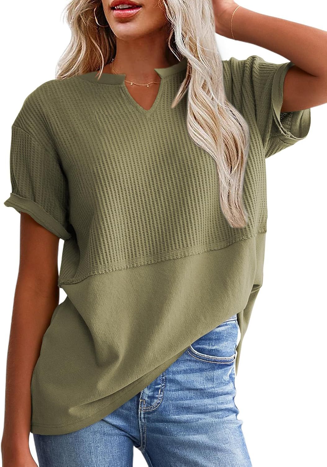 V-neck Pullover Fitted-waist Patchwork Blouse Regular-shoulder Womens T-shirt