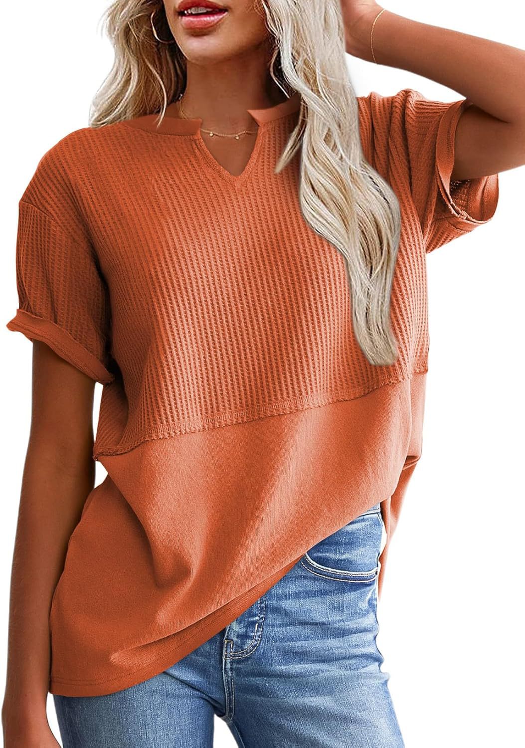 V-neck Pullover Fitted-waist Patchwork Blouse Regular-shoulder Womens T-shirt
