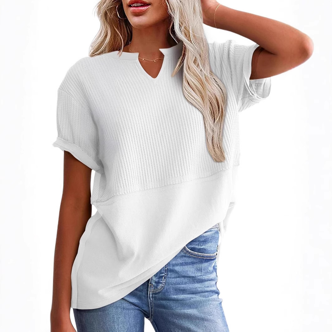 V-neck Pullover Fitted-waist Patchwork Blouse Regular-shoulder Womens T-shirt