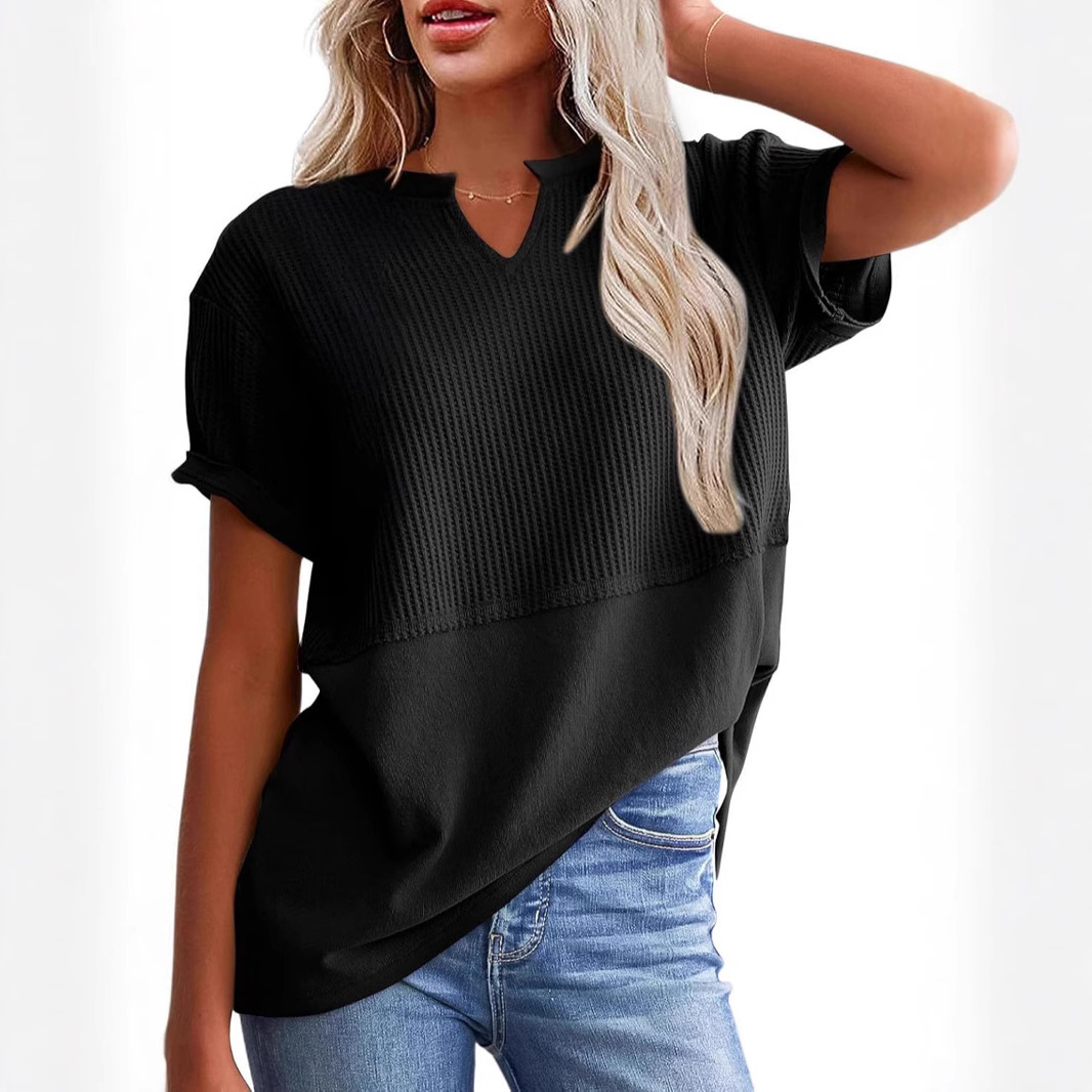V-neck Pullover Fitted-waist Patchwork Blouse Regular-shoulder Womens T-shirt