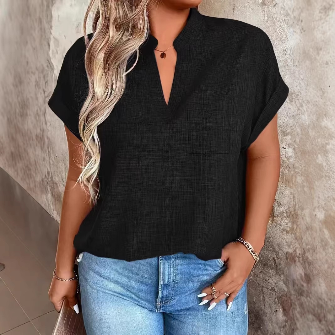V-neck Pullover Solid-color With Pockets Batwing Sleeves Casual And Chic Top