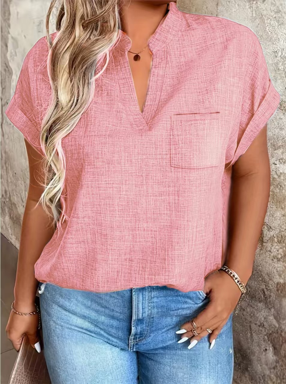 V-neck Pullover Solid-color With Pockets Batwing Sleeves Casual And Chic Top