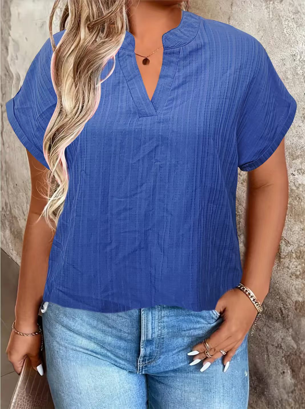 V-neck Pullover Solid-color With Pockets Batwing Sleeves Casual And Chic Top