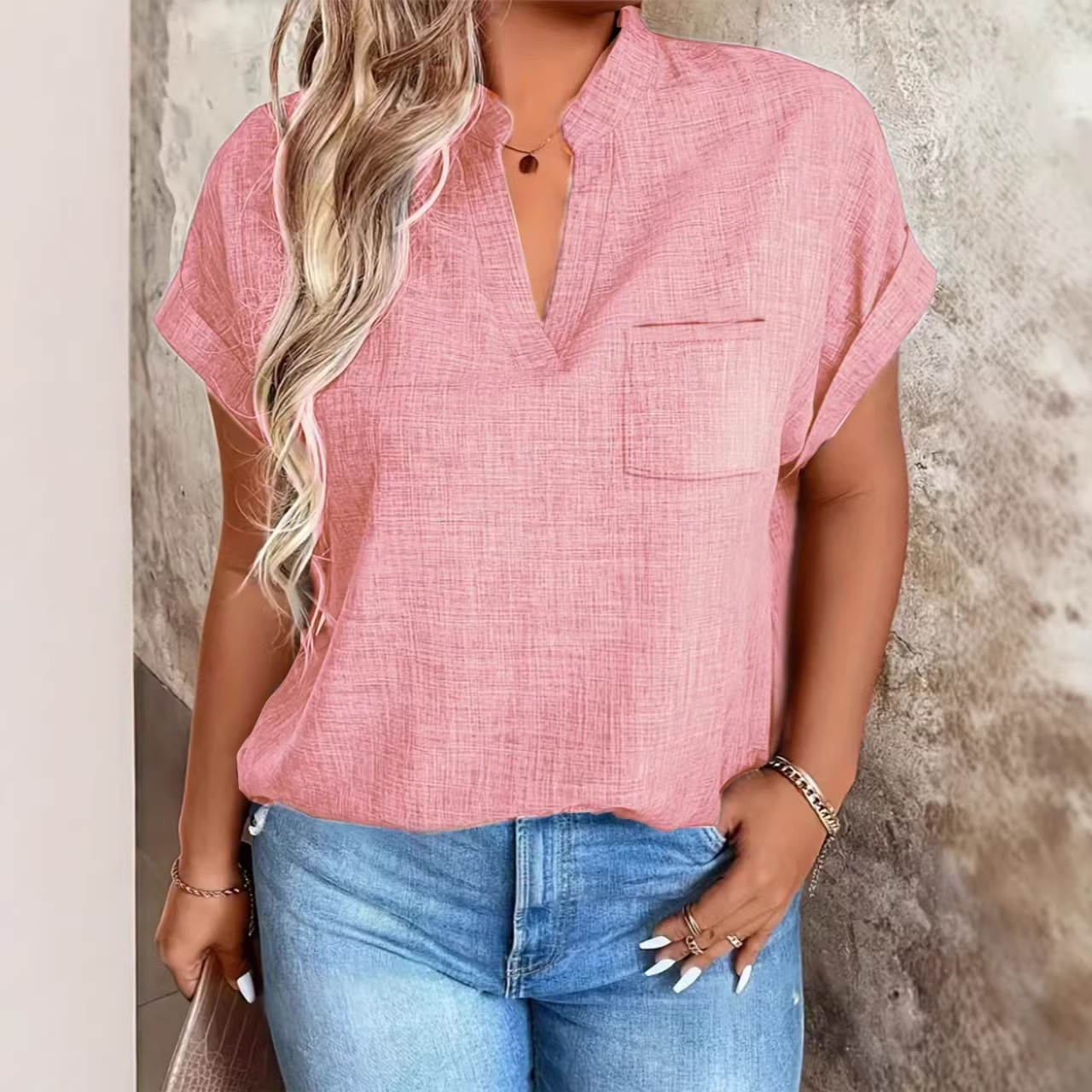 V-neck Pullover Solid-color With Pockets Batwing Sleeves Casual And Chic Top
