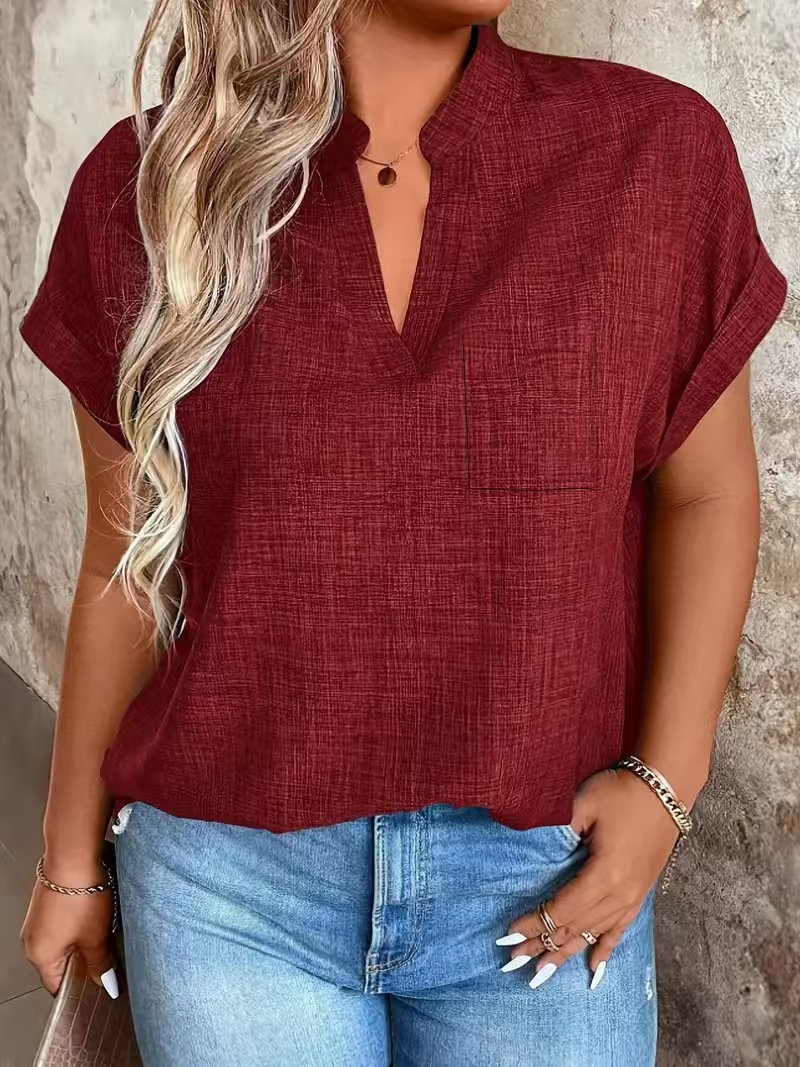V-neck Pullover Solid-color With Pockets Batwing Sleeves Casual And Chic Top