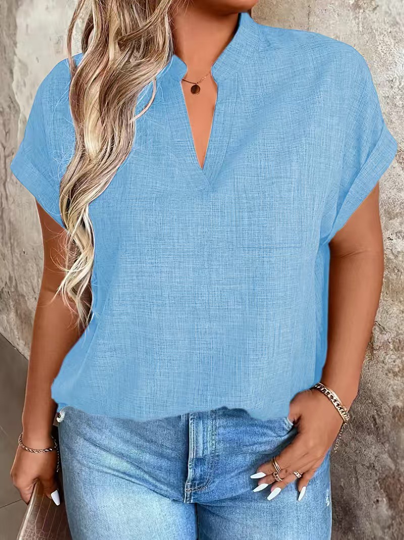 V-neck Pullover Solid-color With Pockets Batwing Sleeves Casual And Chic Top