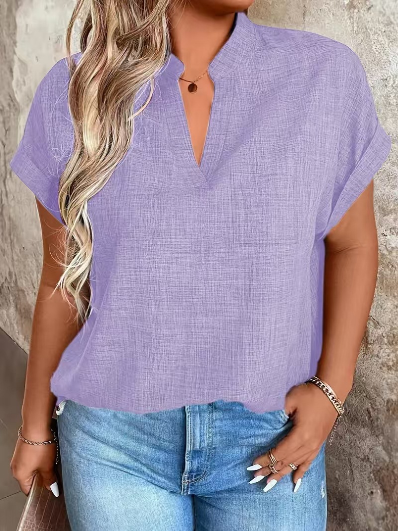 V-neck Pullover Solid-color With Pockets Batwing Sleeves Casual And Chic Top