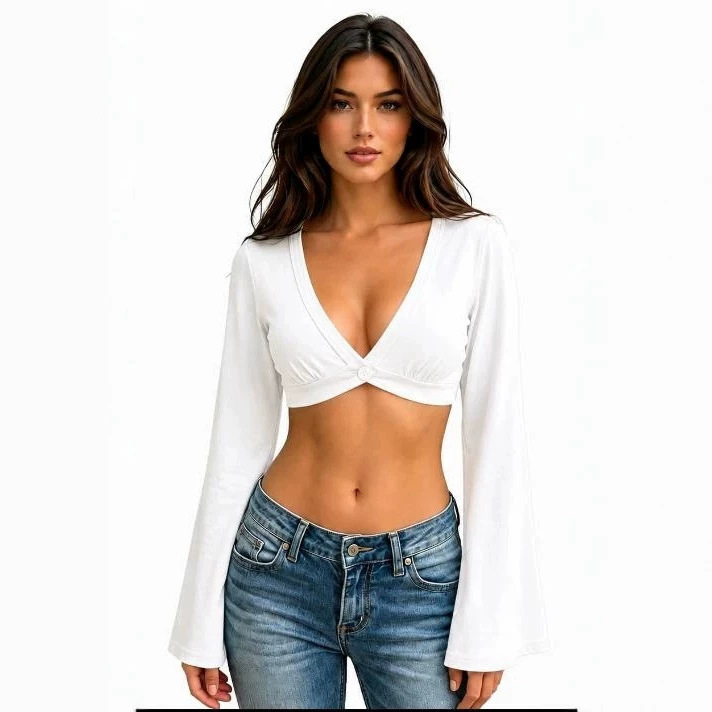 V-neck Single-button Cropped Top With Flared Long Sleeves