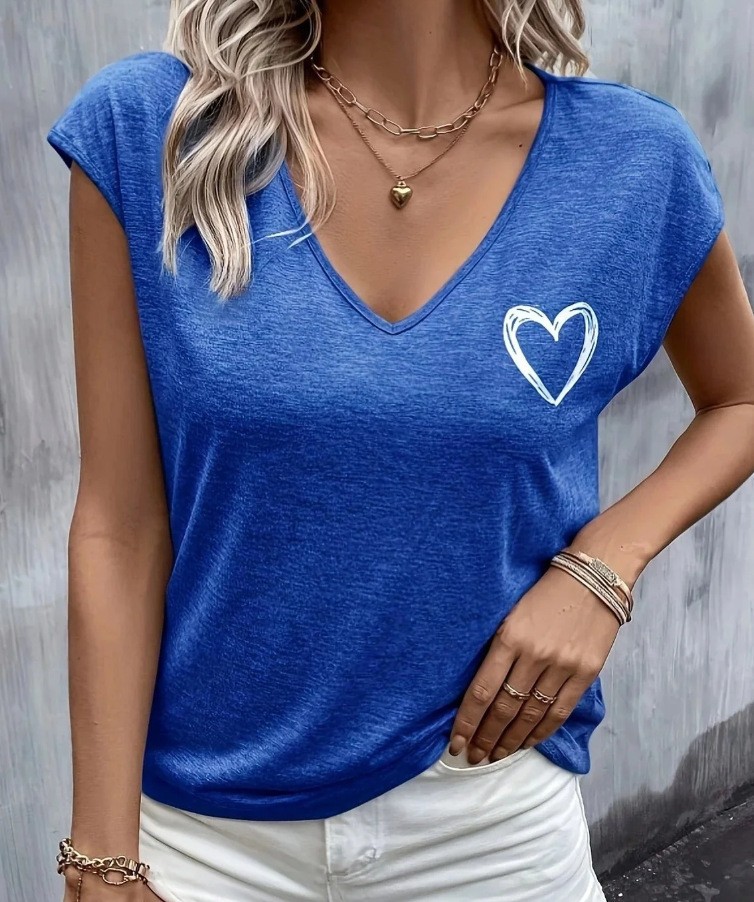 V-neck Slim-fit Fashionable Heart-pattern Versatile Short-sleeve Top