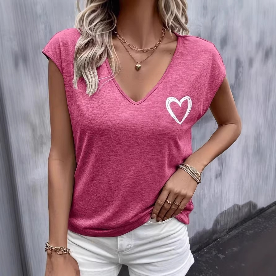 V-neck Slim-fit Fashionable Heart-pattern Versatile Short-sleeve Top