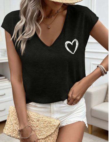 V-neck Slim-fit Fashionable Heart-pattern Versatile Short-sleeve Top