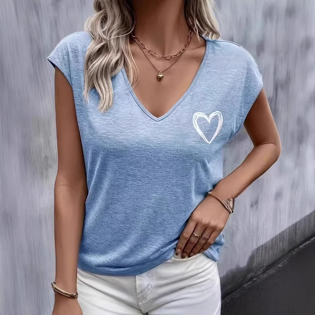 V-neck Slim-fit Fashionable Heart-pattern Versatile Short-sleeve Top