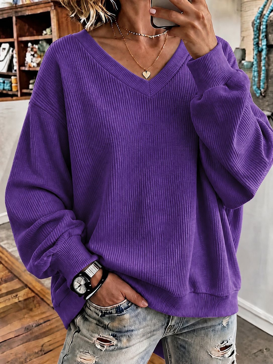 Versatile Casual Loose-fit V-neck Long-sleeve Hoodie