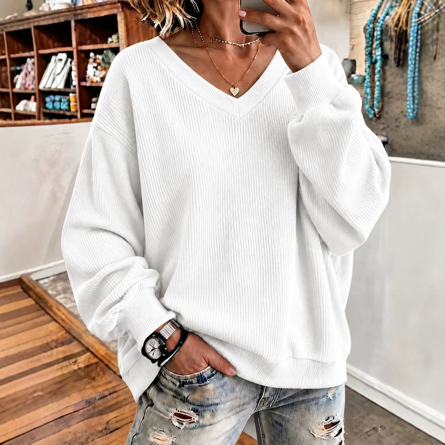 Versatile Casual Loose-fit V-neck Long-sleeve Hoodie