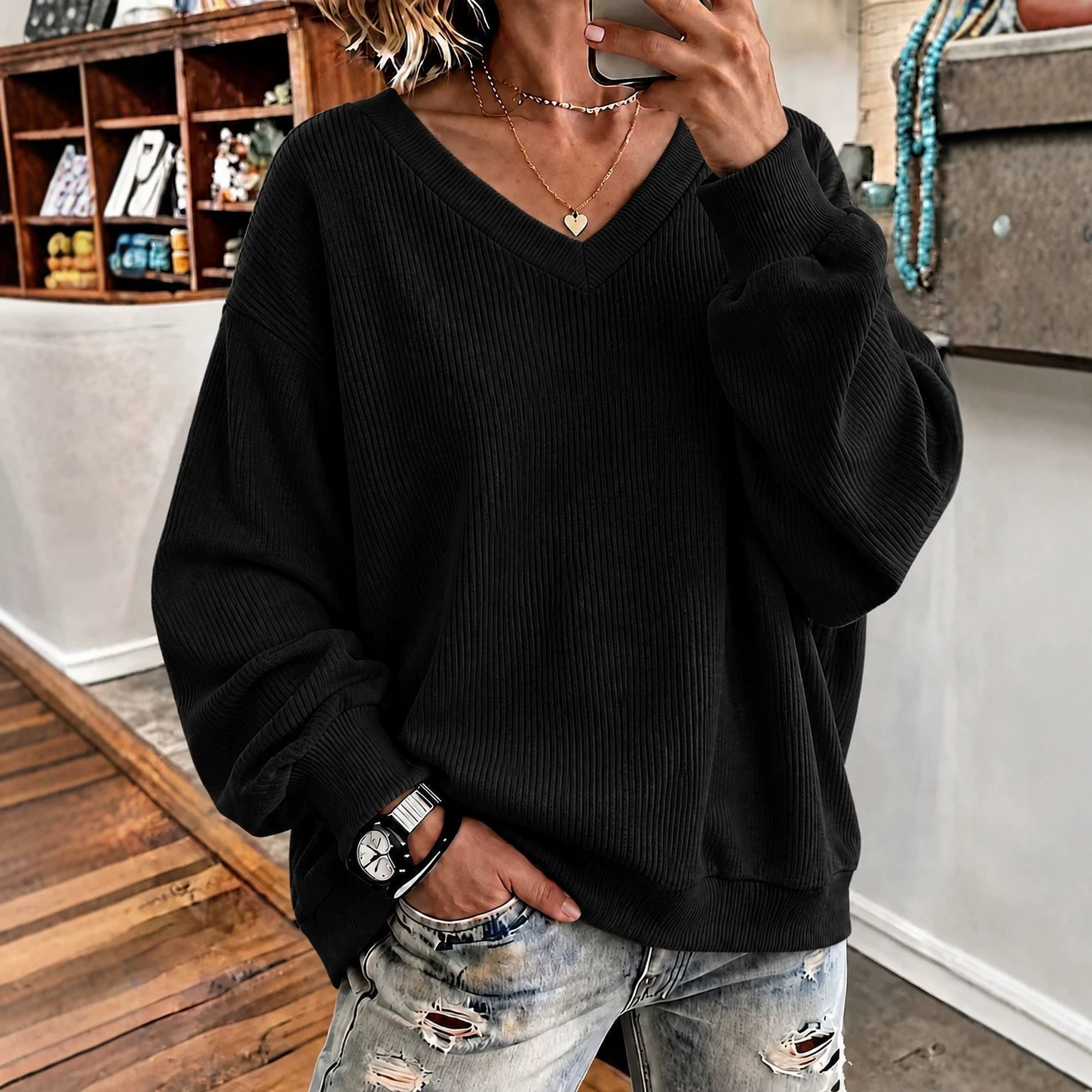 Versatile Casual Loose-fit V-neck Long-sleeve Hoodie