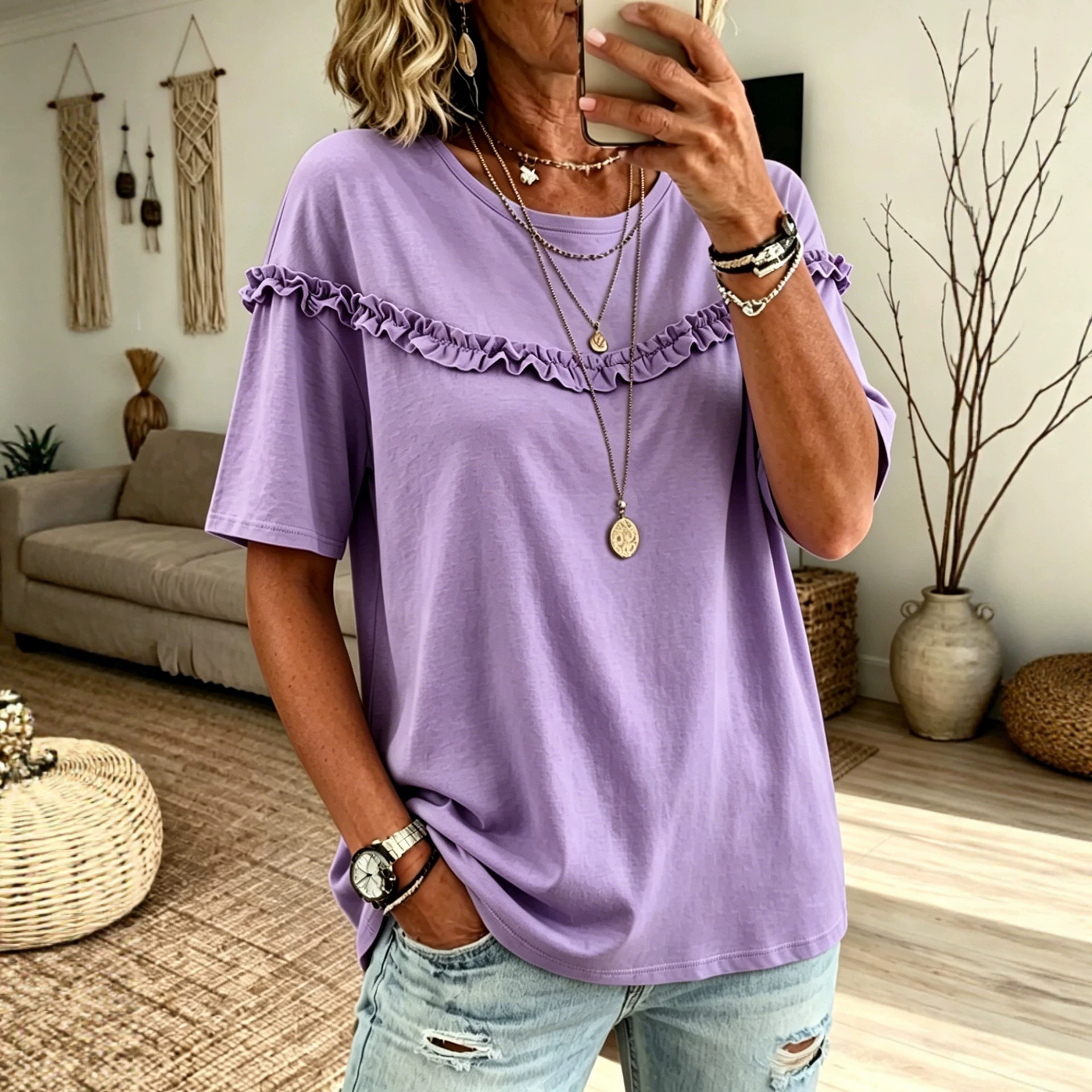 Versatile Crew-neck T-shirt With Ruffled Hem, Solid-color Top, T-shirt