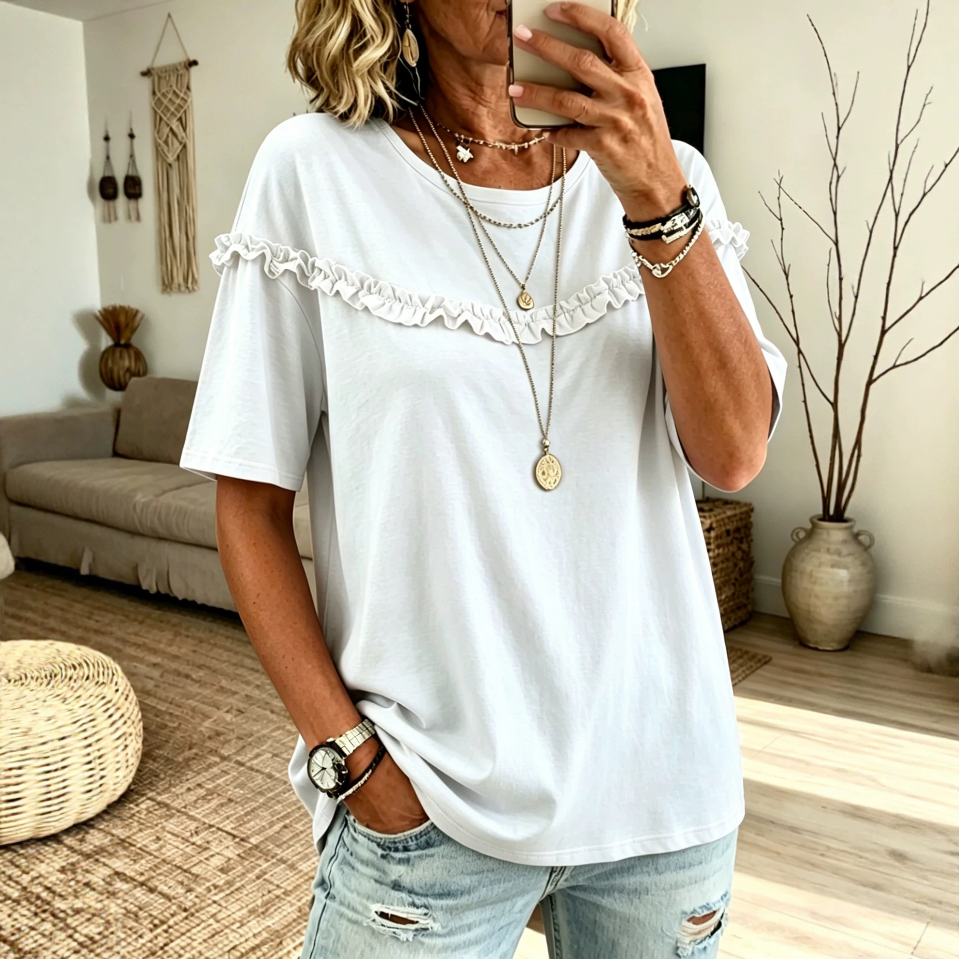 Versatile Crew-neck T-shirt With Ruffled Hem, Solid-color Top, T-shirt