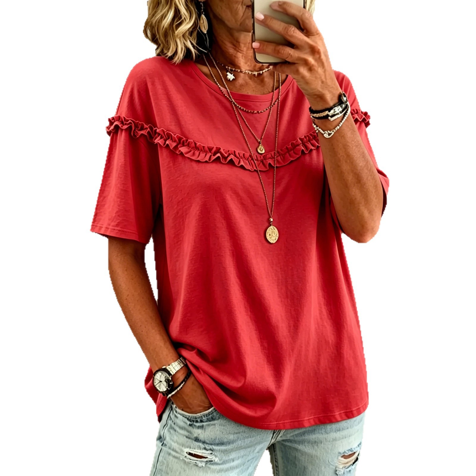 Versatile Crew-neck T-shirt With Ruffled Hem, Solid-color Top, T-shirt