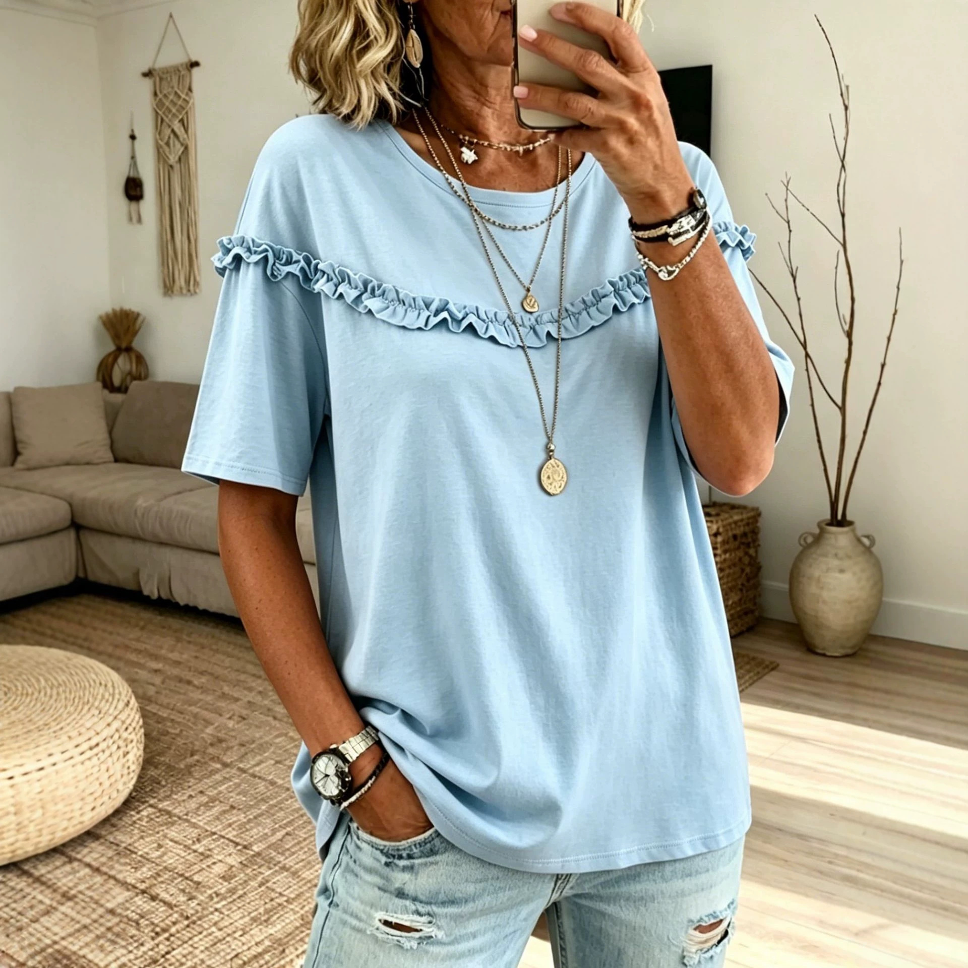 Versatile Crew-neck T-shirt With Ruffled Hem, Solid-color Top, T-shirt