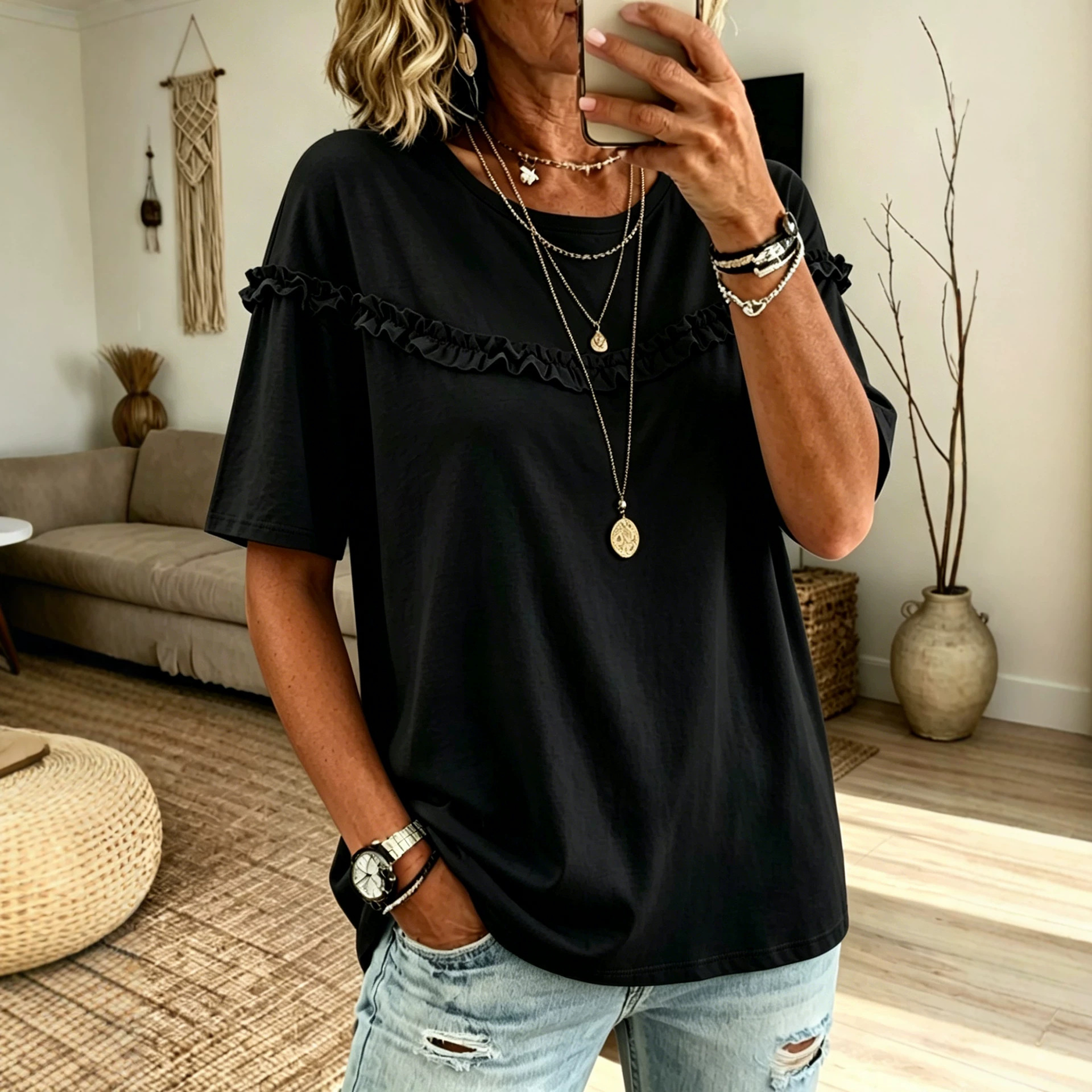 Versatile Crew-neck T-shirt With Ruffled Hem, Solid-color Top, T-shirt