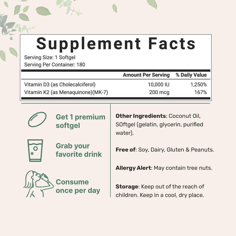 Vitamina D3 K2 Softgel 10.000 UI D3 200 Mcg K2 con olio di cocco Supporto immunitario per la salute delle ossa