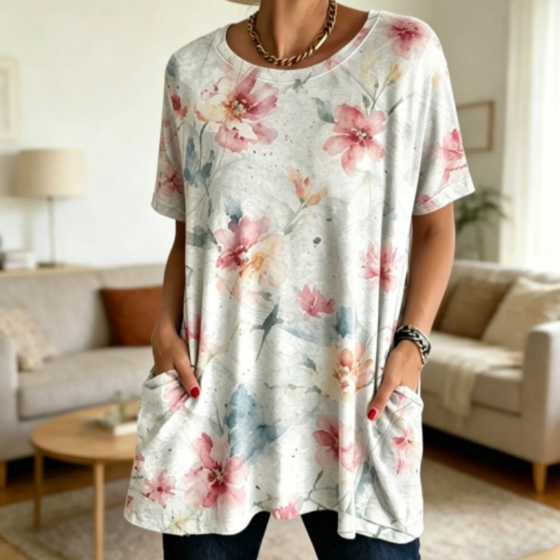 Top tipo túnica de manga corta con estampado floral de acuarela y bolsillos