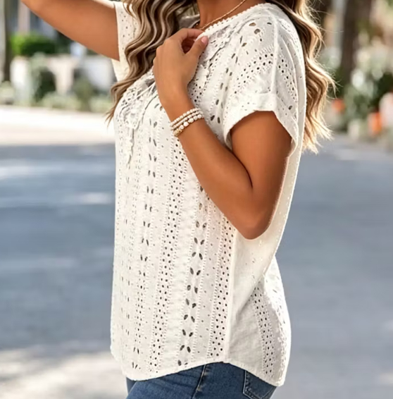 White Crochet Lace Trim Eyelet Short Sleeve Blouse