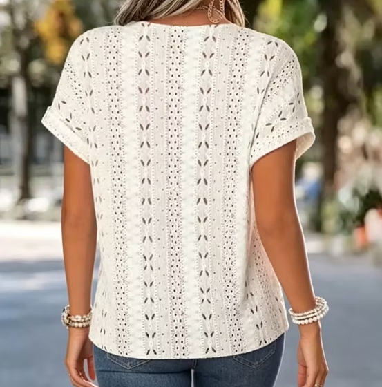 White Crochet Lace Trim Eyelet Short Sleeve Blouse
